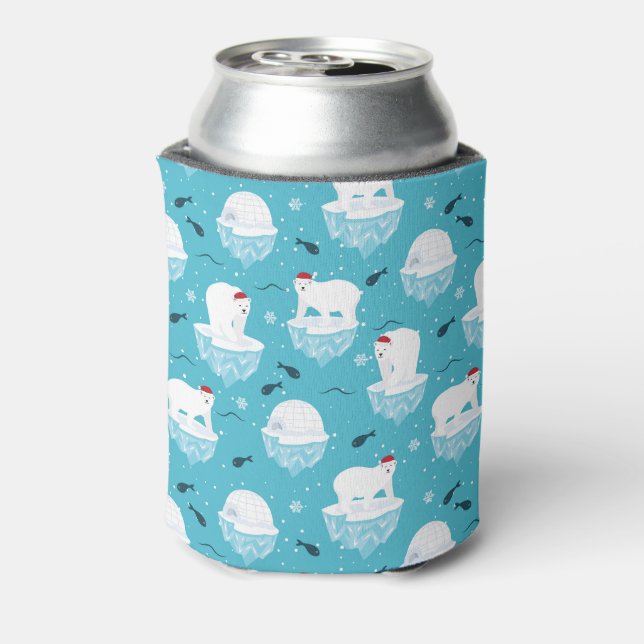 Cute Polar bears in Santa Hats Christmas Pattern Can Cooler (Can Back)