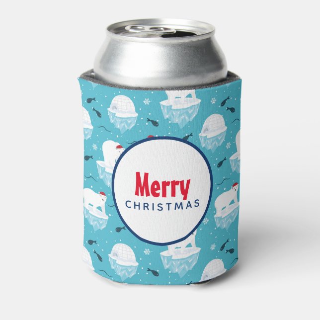 Cute Polar bears in Santa Hats Christmas Pattern Can Cooler (Can Back)