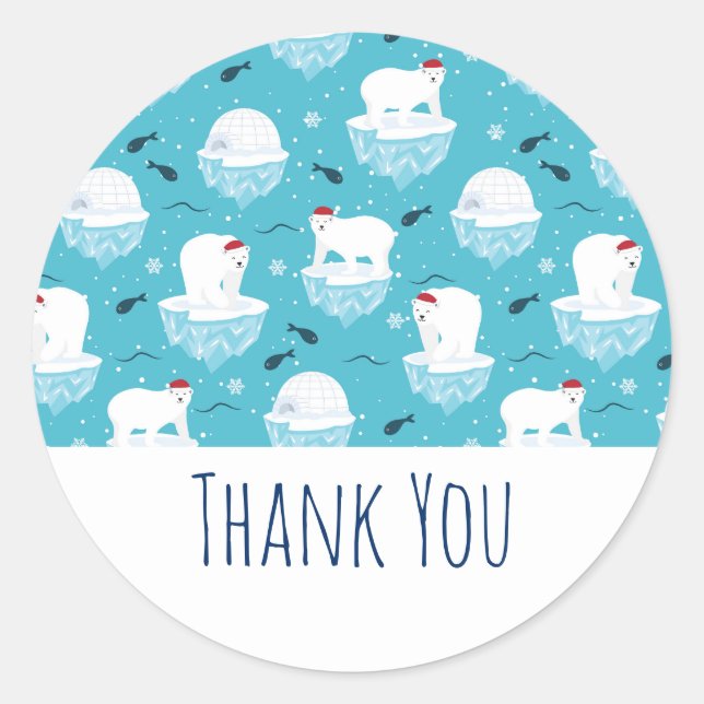 Cute Polar bears in Santa Hats Christmas Pattern Classic Round Sticker (Front)
