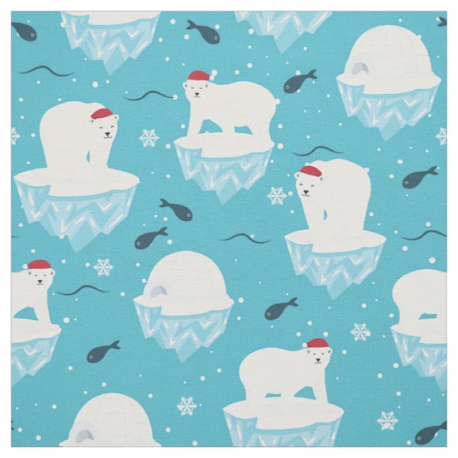 Cute Polar bears in Santa Hats Christmas Pattern Fabric (Swatch)