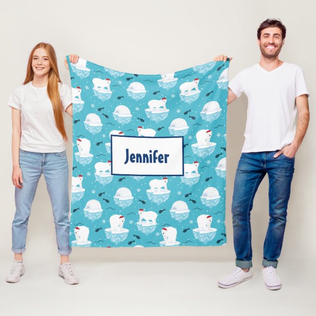 Cute Polar bears in Santa Hats Christmas Pattern Fleece Blanket (In Situ)