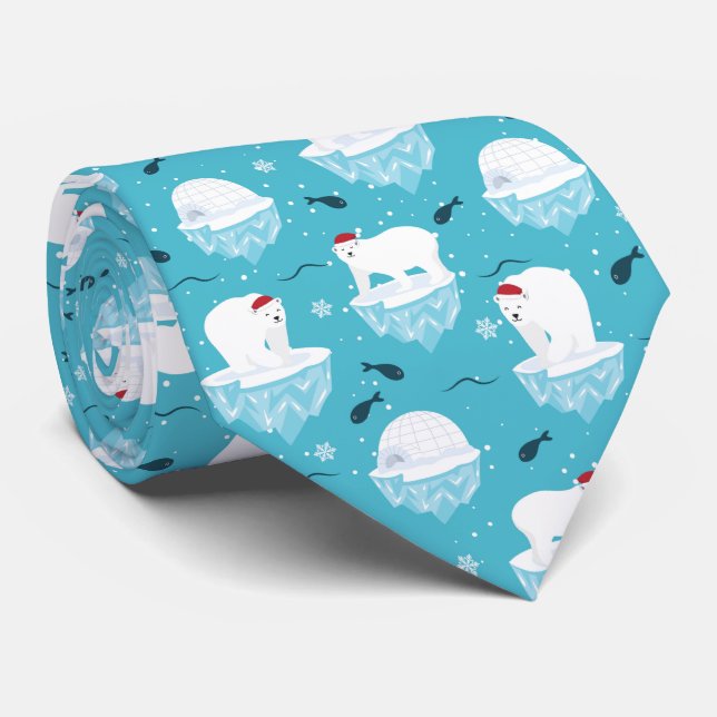 Cute Polar bears in Santa Hats Christmas Pattern Tie (Rolled)