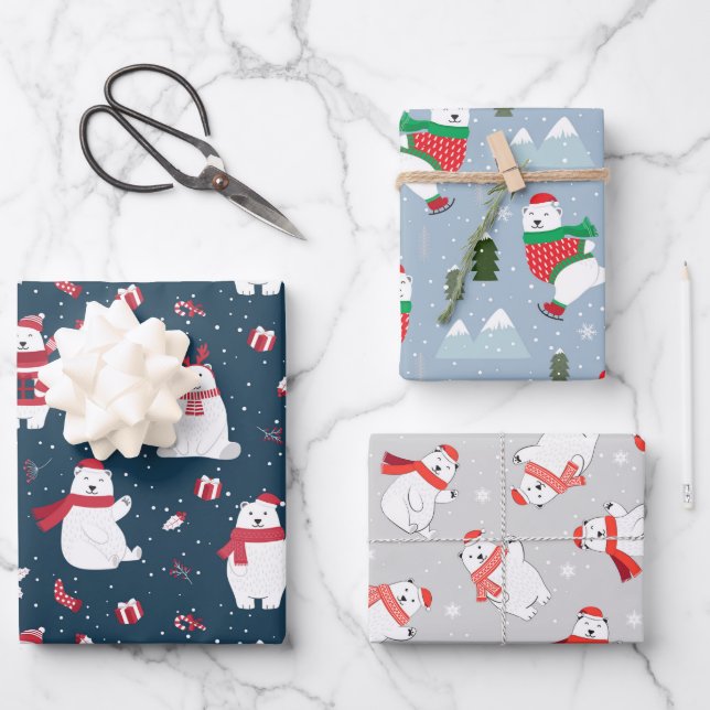 Cute Polar Bears in Three Blue Christmas Patterns Wrapping Paper Sheet (Front)