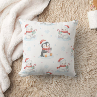 Cute Polar Bears & Penguins Christmas Throw Pillow