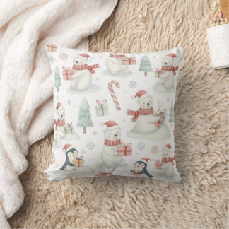 Cute Polar Bears & Penguins Christmas Throw Pillow
