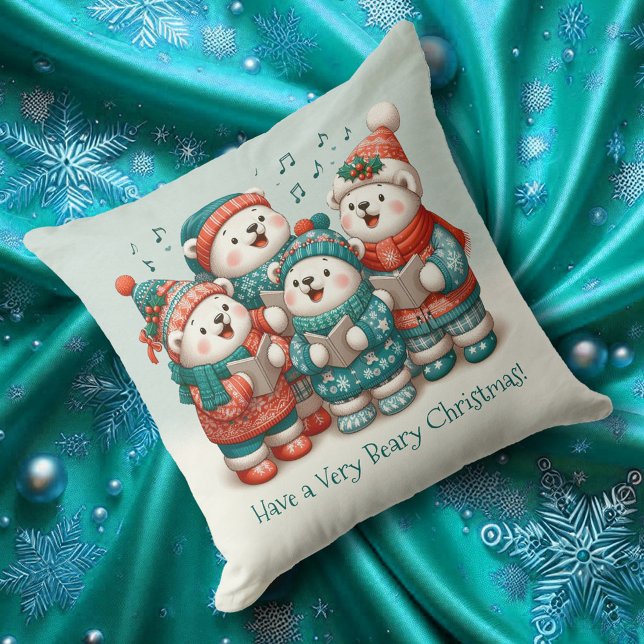 Cute Polar Bears Sing Have a Very Beary Christmas! Cushion (Cute Polar Bears Sing Have a Very Beary Christmas Throw Pillow Cover Photo)