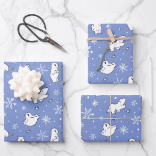 Cute Polar Bears Whimsical Snowflakes Winter Wrapping Paper Sheet