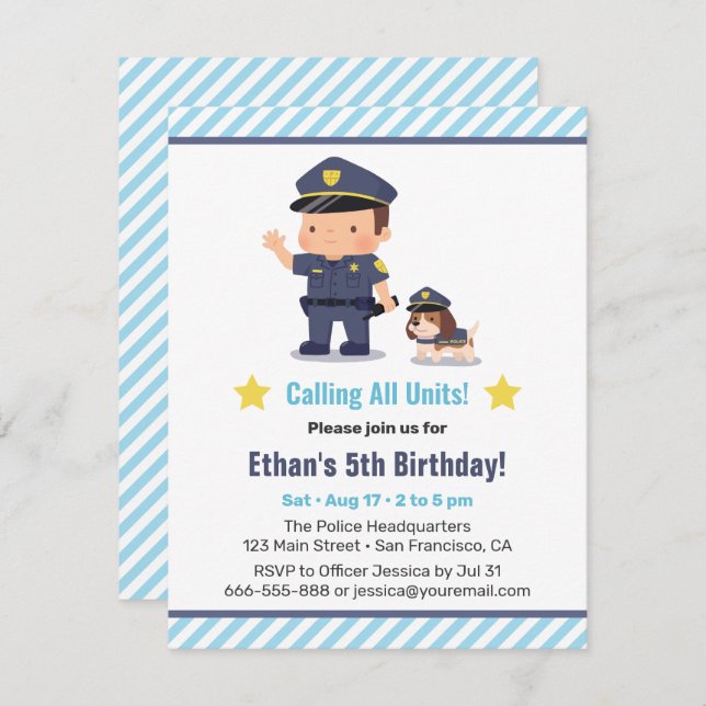 Cute Police Boy and Dog Birthday Party Invitation (Front/Back)