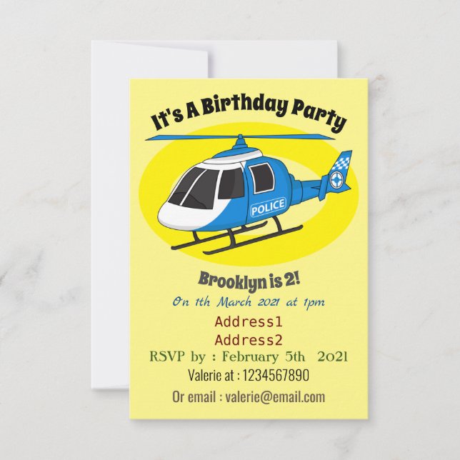 Cute police department helicopter chopper cartoon invitation (Front)
