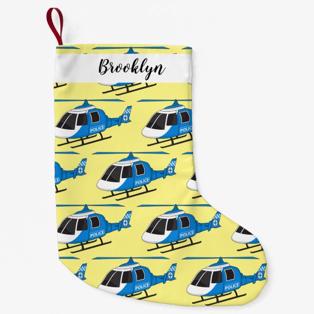 Cute police department helicopter chopper cartoon small christmas stocking (Front)