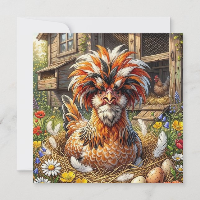 Cute Polish Chicken and Coop Whimsical Card (Front)