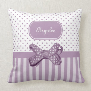 Cute Polka Dot Bow Girly Lavender Stripes and Name Cushion