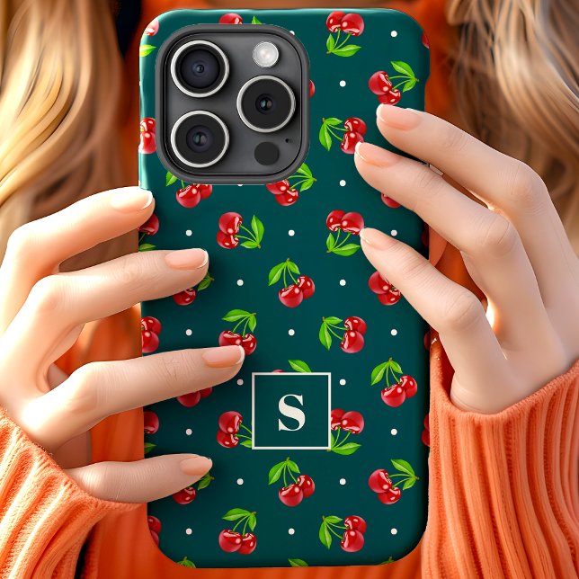 Cute Polka Dot Cherries On Teal Monogram Case-Mate iPhone Case (Creator Uploaded)