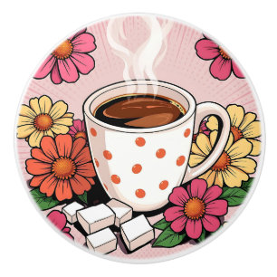 Cute Polka Dot Coffee Cup and Flowers Ceramic Knob