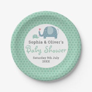 Cute Polka Dot Elephants Couples Baby Shower Paper Plate