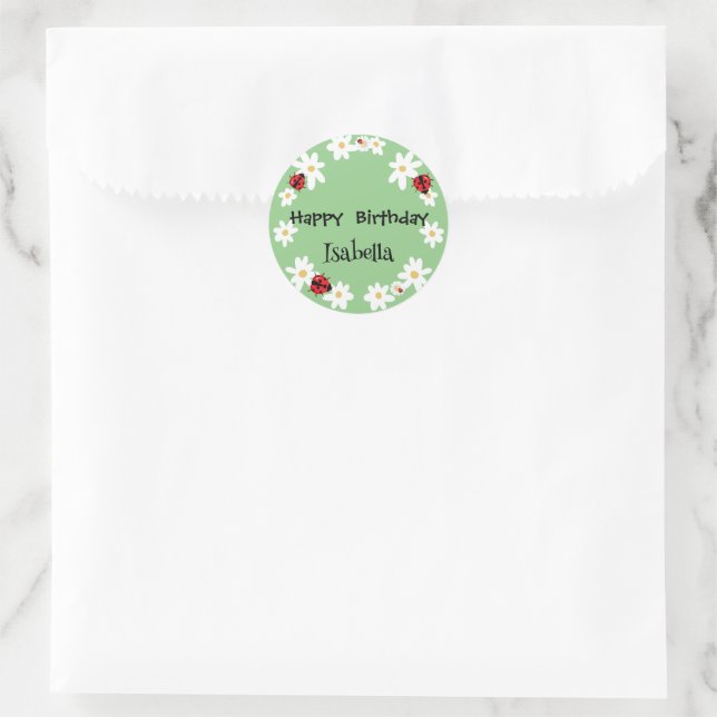 Cute Polka dot Ladybug Daisy Flower Birthday Party Classic Round Sticker (Bag)
