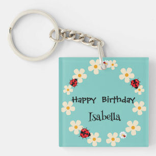 Cute Polka dot Ladybug Daisy Flower Birthday Party Key Ring