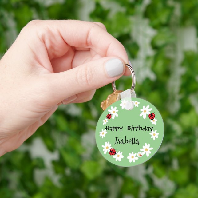 Cute Polka dot Ladybug Daisy Flower Birthday Party Key Ring (Hand)