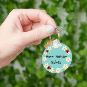 Cute Polka dot Ladybug Daisy Flower Birthday Party Key Ring