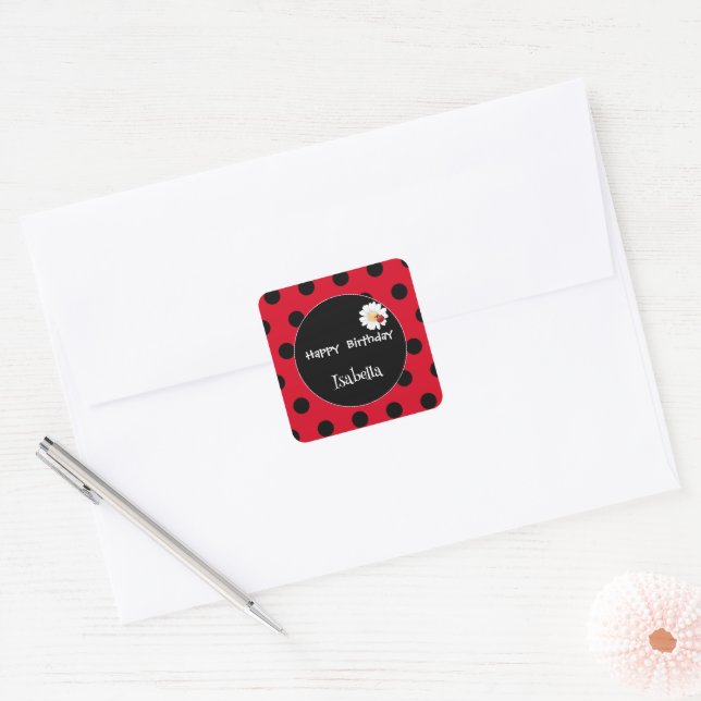 Cute Polka dot Ladybug Daisy Flower Birthday Party Square Sticker (Envelope)