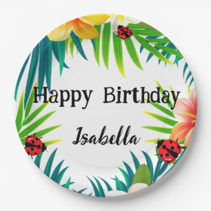 Cute Polka dot Ladybug Summer Flower palm Birthday Paper Plate