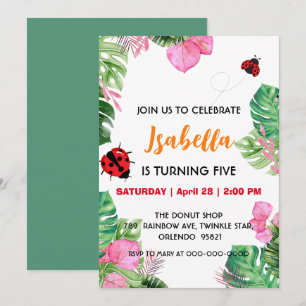 Cute Polka dot Ladybug summer pink Flower Birthday Invitation