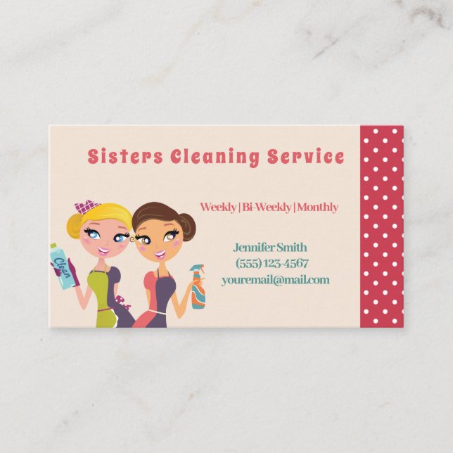 Cute Polka Dot Maid House Cleaning Service Business Card (Front)