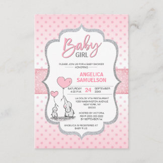 Cute Polka Dot Pink Grey Elephant Baby Shower GIRL Invitation