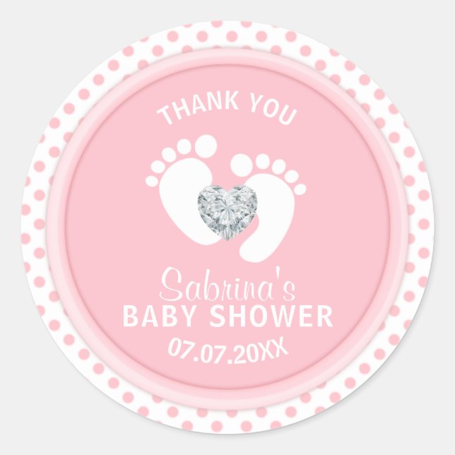 Cute Polka Dot Pink White Feet Baby Shower Classic Round Sticker (Front)