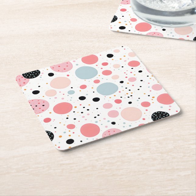 Cute polka dot spotty pattern white square paper coaster (Angled)