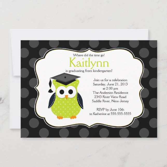 Cute Polka Dots Grad Owl Girl Graduation Invitation (Front)