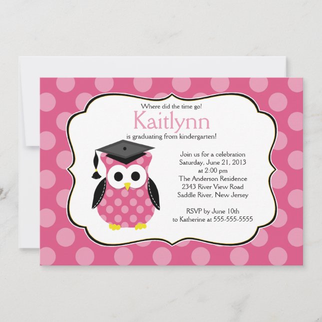 Cute Polka dots Grad Owl Girl Graduation Invitation (Front)