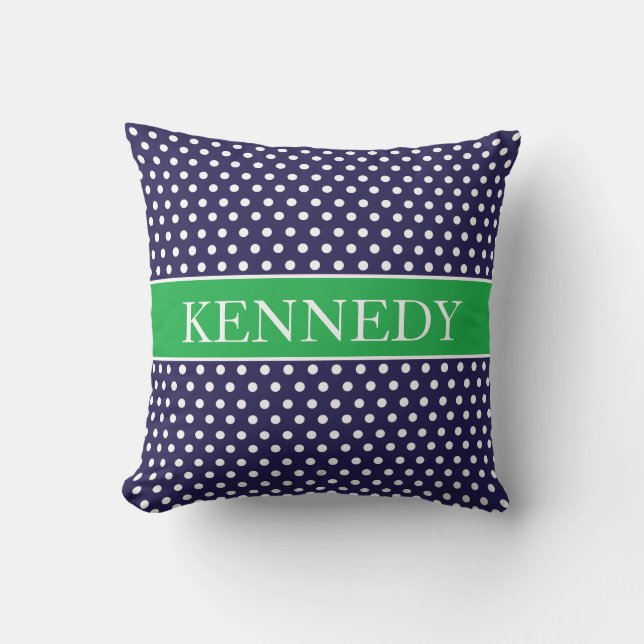 Cute Polka Dots Monogram | Navy Kelly Green White Cushion (Front)
