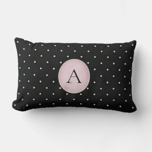 Cute Polka Dots (Pink) Monogrammed Black Lumbar Cushion