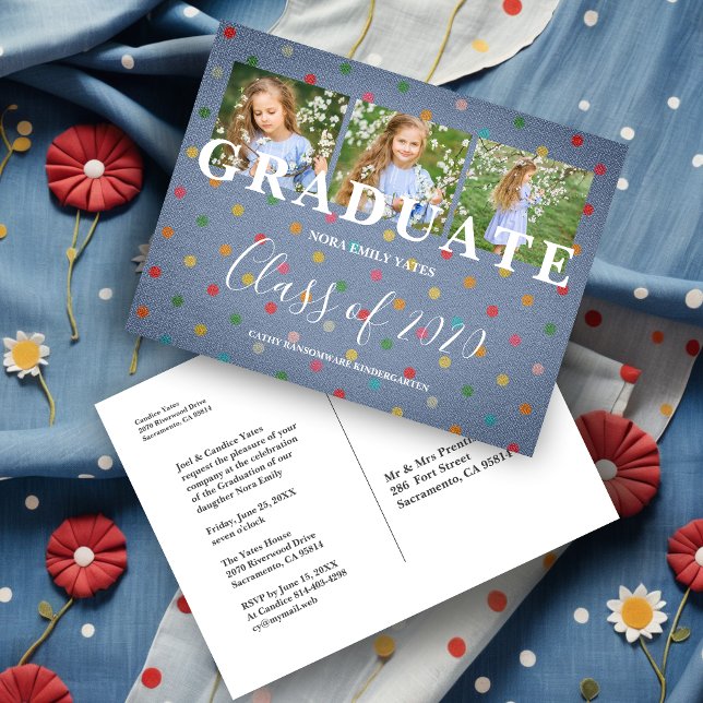 Cute Polka Dots Pre-K Grad 3 Photos Denim Fabric Postcard (Polka Dots Pre-K Graduate Three Photos Textile Texture Graduation Invitation Postcard.)