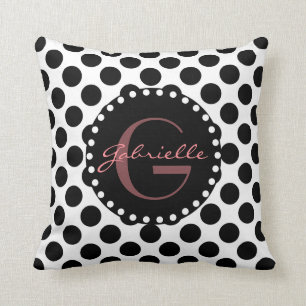 Cute Polka Dots w Name, Black & White w/ Rose Cushion