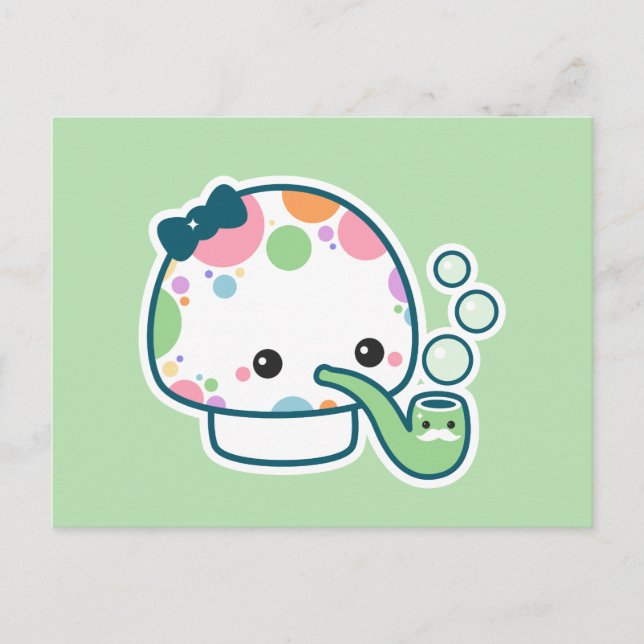 Cute Polka Dotted Mushroom with Bubble Pipe Postcard (Front)