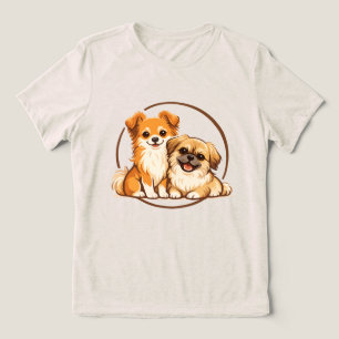 Cute Pomchi and Pekingese Dog Duo Illustration Tri-Blend Shirt