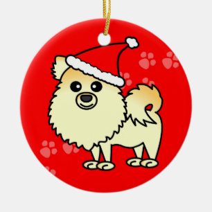 Cute Pomeranian Cartoon Santa Hat Ceramic Tree Decoration