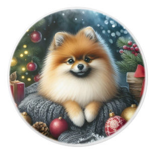 Cute Pomeranian Cosy Watercolor Winter Art Ceramic Knob