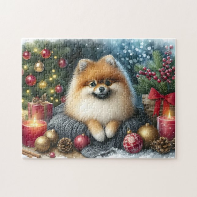 Cute Pomeranian Cosy Watercolor Winter Art Jigsaw Puzzle (Horizontal)