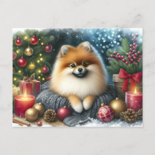 Cute Pomeranian Cosy Watercolor Winter Art Postcard