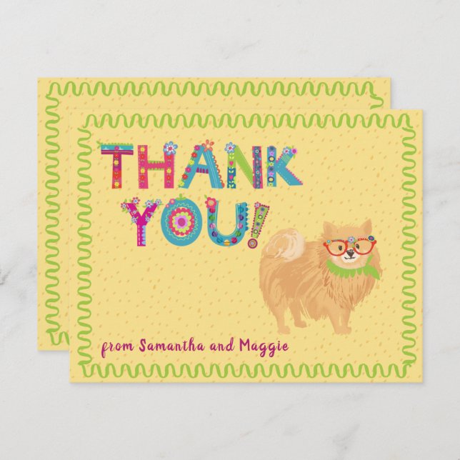 Cute Pomeranian Dog Fun Colourful Floral Letters  Thank You Card (Front/Back)