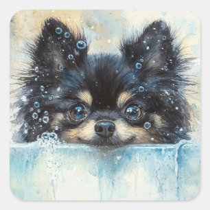 Cute Pomeranian Dog in the Bathtub Square Sticker