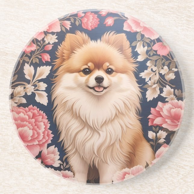 Cute Pomeranian Dog Pink Floral Coaster (Front)