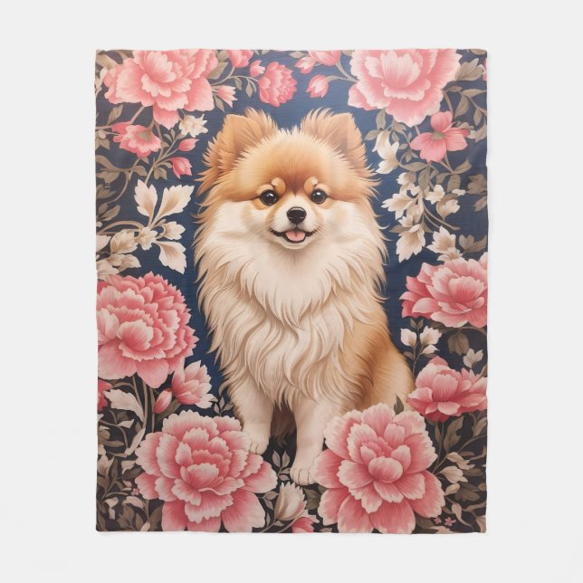 Cute Pomeranian Dog Pink Floral Fleece Blanket (Front)