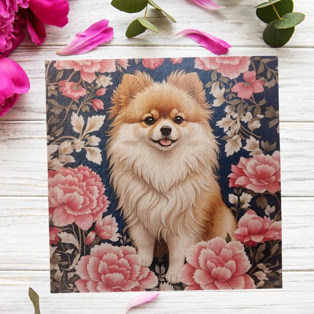 Cute Pomeranian Dog Pink Floral Jigsaw Puzzle (Creator Uploaded)