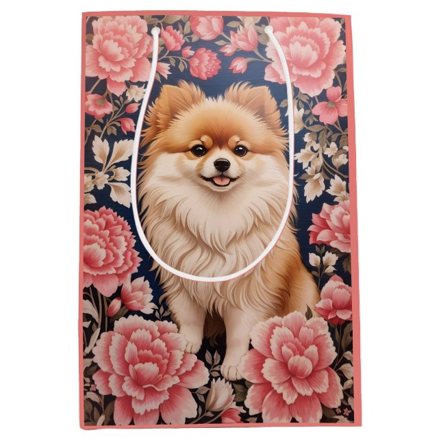 Cute Pomeranian Dog Pink Floral Medium Gift Bag (Front)