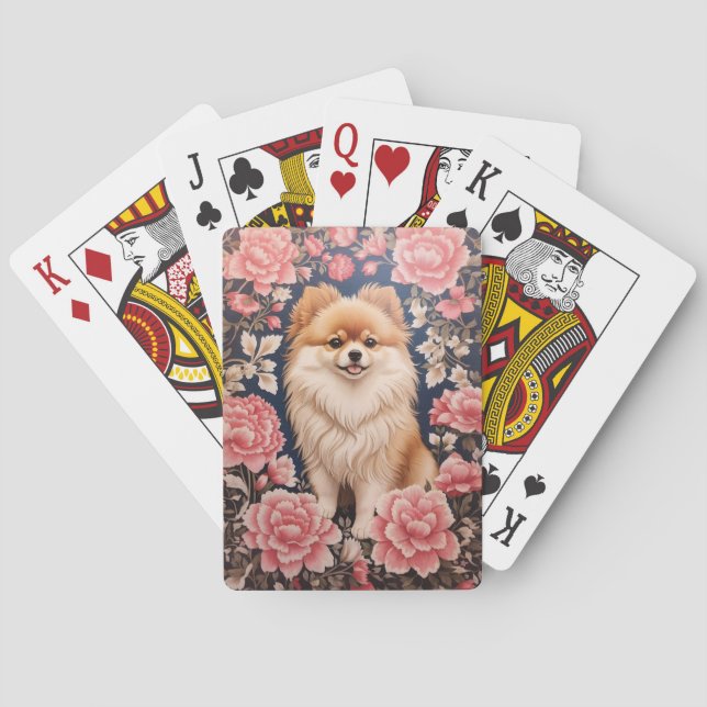 Cute Pomeranian Dog Pink Floral Playing Cards (Back)