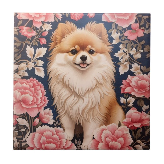 Cute Pomeranian Dog Pink Floral Tile (Front)